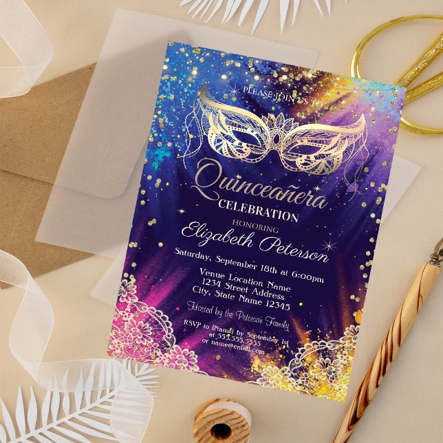 Masquerad, Snöre,Paint Stänk Quinceañera Inbjudningar (Skapare uppladdad)
