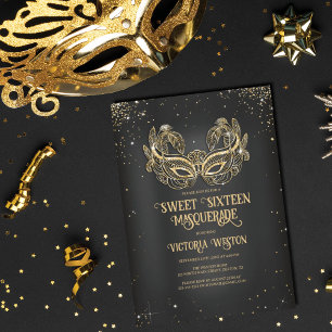 Masquerad Sparkly Guld Glitter Black Sweet 16 Inbjudningar