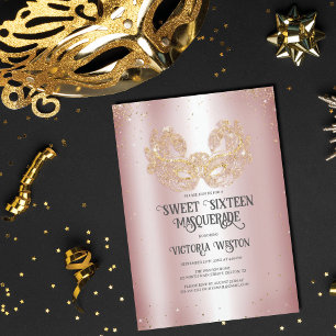 Masquerad Sparkly Guld Glitter Rosa Sweet 16 Inbjudningar
