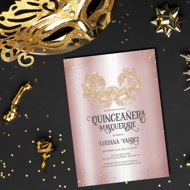 Masquerad Sparkly Guld Glitter Silver Quinceañera Inbjudningar (Skapare uppladdad)