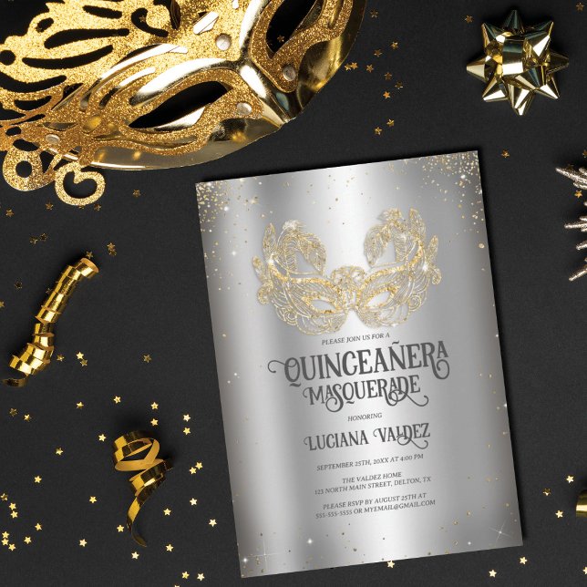 Masquerad Sparkly Guld Glitter Silver Quinceañera Inbjudningar (Skapare uppladdad)