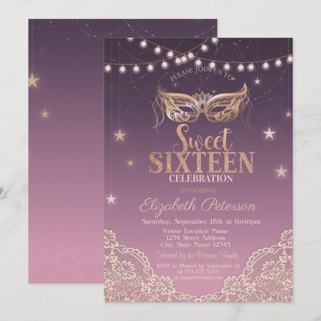 Masquerad,String Ljus,Snöre Sweet 16 Inbjudningar (Fram/baksida)