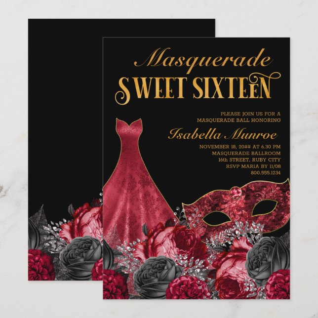 Masquerad Sweet 16 Black Red Guld 16:e födelsedage Inbjudningar (Fram/baksida)