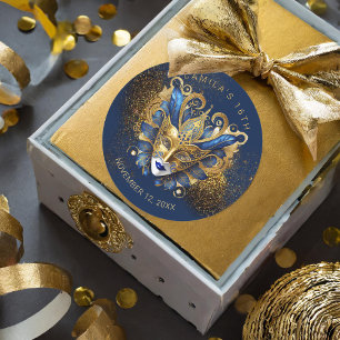 Masquerad Sweet 16 Blue Guld V2 ID1032 Runt Klistermärke