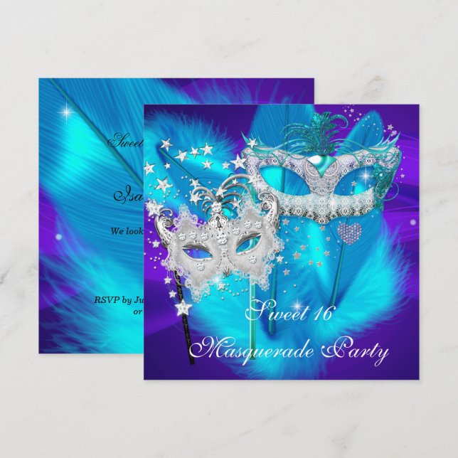 Masquerad Sweet 16 Lila Teal Blue Mask Inbjudningar (Fram/baksida)