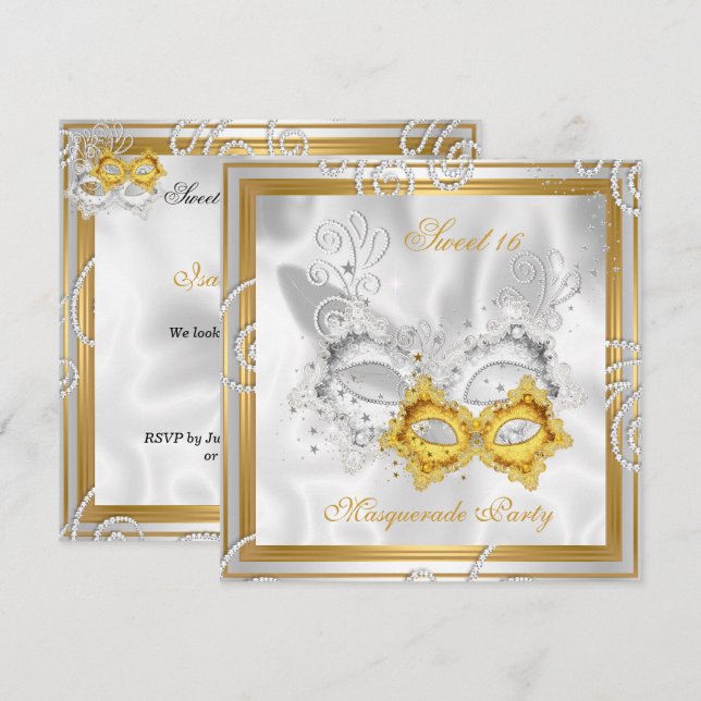 Masquerad Sweet 16 Party Mask Silver Guld 2 Inbjudningar (Fram/baksida)