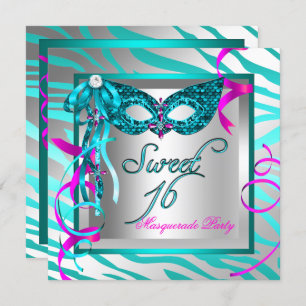 Masquerad Sweet 16 sexton Teal Blue Zebra Inbjudningar