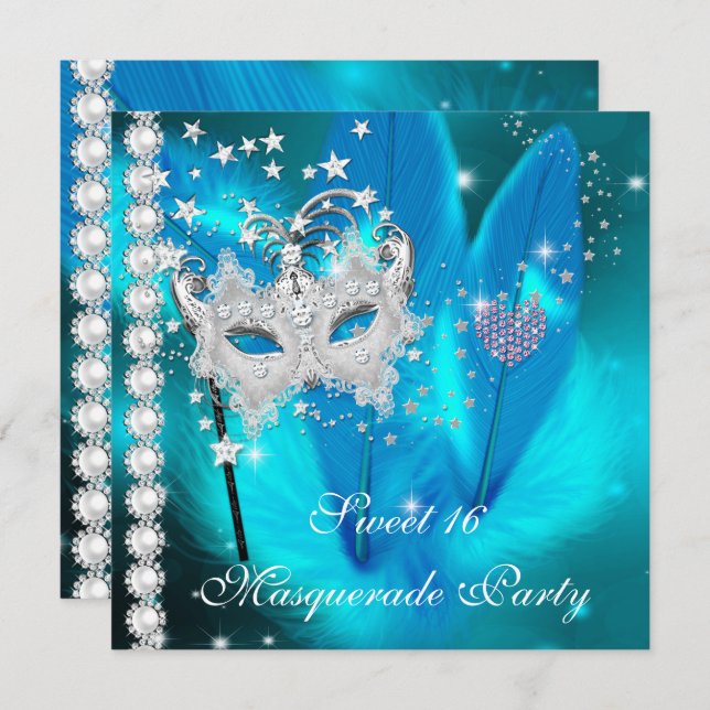 Masquerad Sweet 16 Teal Black Feather Mask 2 Inbjudningar (Fram/baksida)