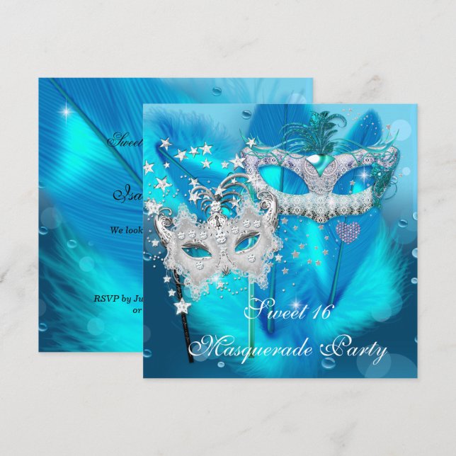Masquerad Sweet 16 Teal Blue Feather Mask 3 Inbjudningar (Fram/baksida)