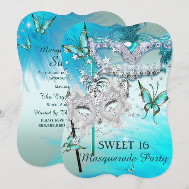 Masquerad Sweet 16 Teal Mint Diamantmask Inbjudningar (Fram/baksida)
