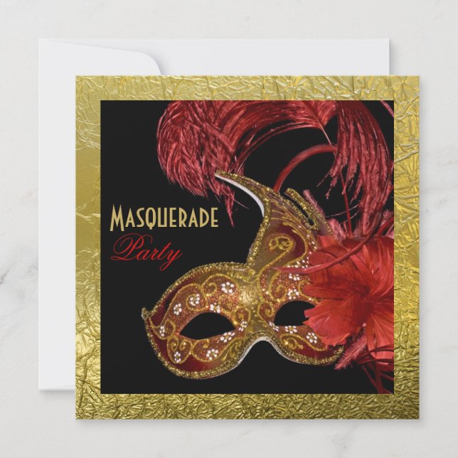 Masquerad Sweet sixteen party red, faux guld foil Inbjudningar (Framsida)