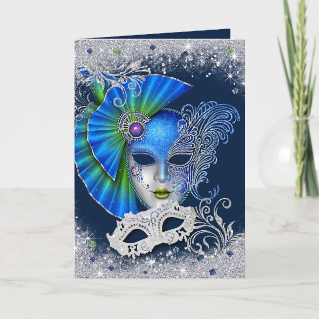 Masquerad Sweet sixteen Silver och Blue Inbjudan (Framsida)