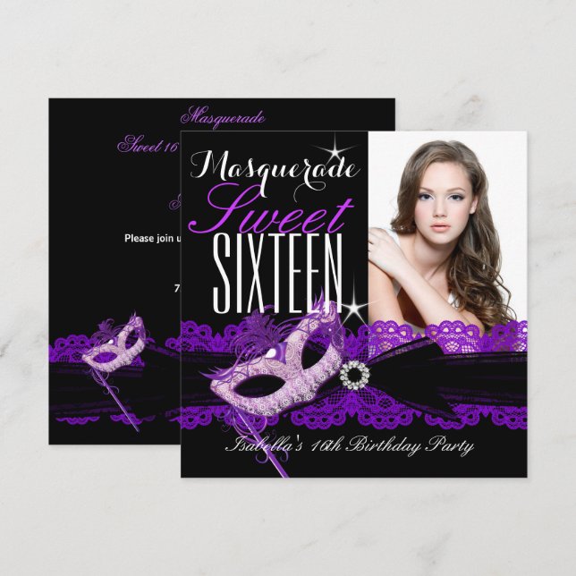 Masquerad Sweet sixteen Sweet 16 Lila Black Inbjudningar (Fram/baksida)