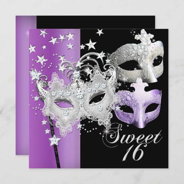 Masquerad Sweet sixteen Sweet 16 Lilac Black Inbjudningar (Fram/baksida)