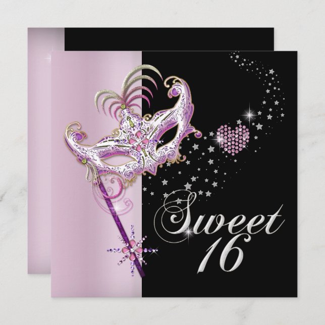 Masquerad Sweet sixteen Sweet 16 Rosa Black Inbjudningar (Fram/baksida)