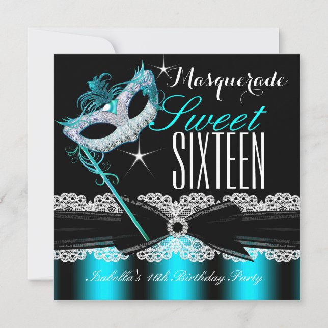 Masquerad Sweet sixteen Sweet 16 Teal Blue 2 Inbjudningar (Framsida)
