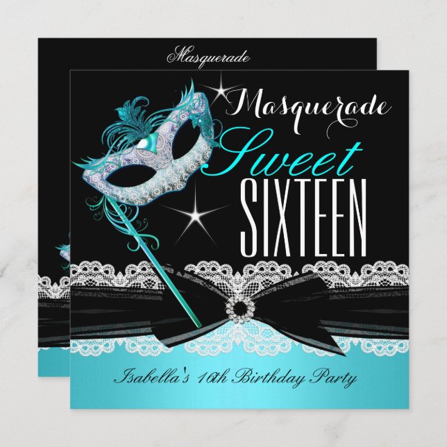 Masquerad Sweet sixteen Sweet 16 Teal Blue 3 Inbjudningar (Fram/baksida)