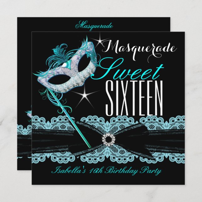 Masquerad Sweet sixteen Sweet 16 Teal Blue Inbjudningar (Fram/baksida)