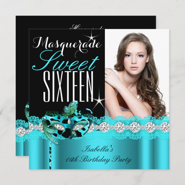 Masquerad Sweet sixteen Sweet 16 Teal Photo 2 Inbjudningar (Fram/baksida)