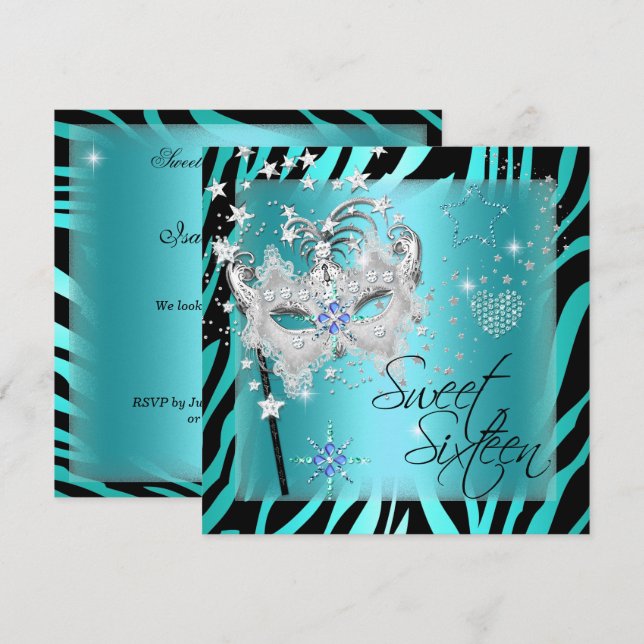 Masquerad Sweet sixteen Sweet 16 Teal Zebra Inbjudningar (Fram/baksida)