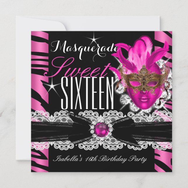 Masquerad Sweet sixteen Sweet 16 Zebra Rosa Inbjudningar (Framsida)