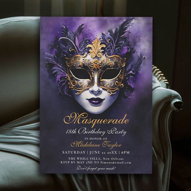 Masquerad Venetian Mask Guld Lila 18:e födelsedage Inbjudningar (masquerade 18th birthday party invitation glam gold purple venetian mask)