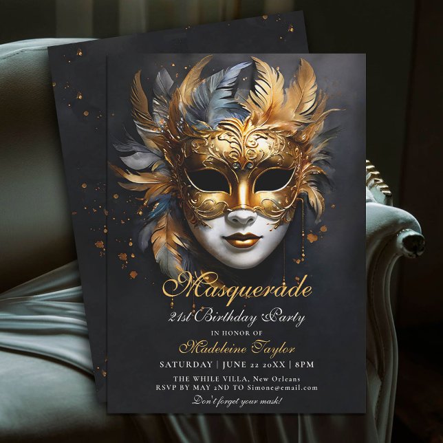 Masquerad Venetian Mask Guld Lila 21:a födelsedage Inbjudningar (masquerade 21st birthday party invitation glam gold purple venetian mask mascarade)