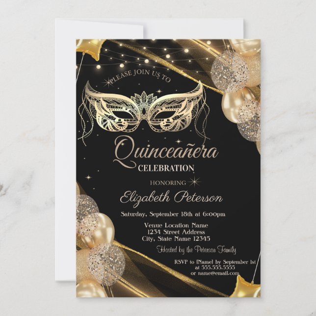 Masquerade Balloons Stars Black Quinceañera  Inbjudningar (Framsida)