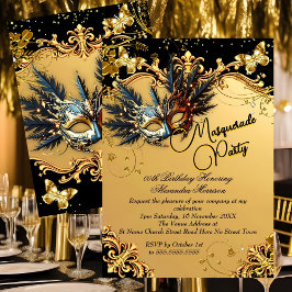 Masquerade birthday Party Gold Black Mask Feathers Inbjudningar