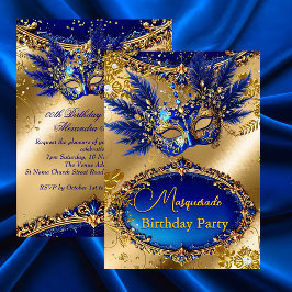 Masquerade birthday Party Gold Blue Mask Feathers Inbjudningar