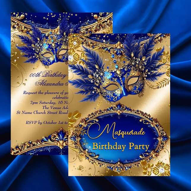 Masquerade birthday Party Gold Blue Mask Feathers Inbjudningar (Skapare uppladdad)
