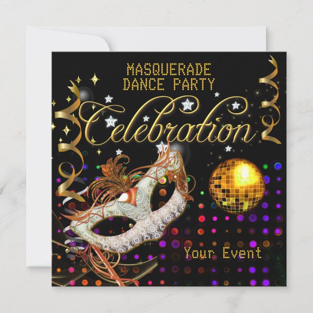 MASQUERADE Black Guld Dance Party Disco Boll Inbjudningar (Framsida)