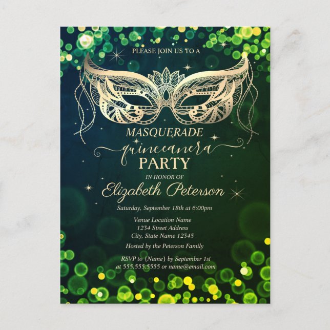 Masquerade Bokeh Gröna prickar Quinceañera Inbjudan Vykort (Framsida)