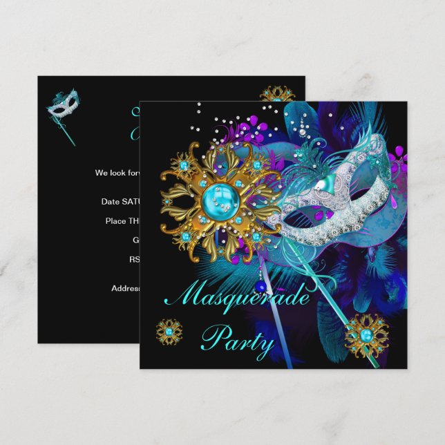 Masquerade Boll Party Teal Blue Black Masks Inbjudningar (Fram/baksida)