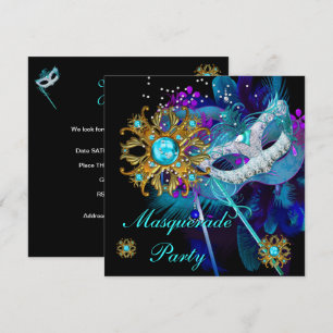 Masquerade Boll Party Teal Blue Black Masks Inbjudningar