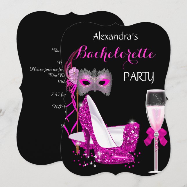 Masquerade Champagne Sängkammarparty Hot Pink l2 Inbjudningar (Fram/baksida)