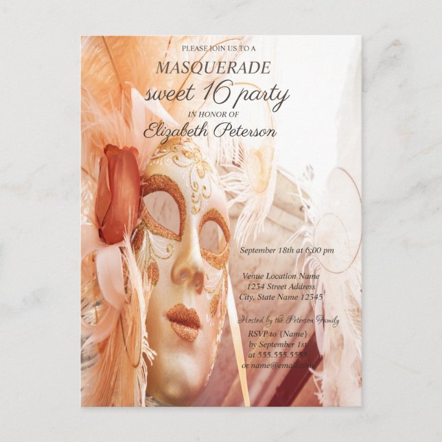 Masquerade Chic Masque Sweet 16 I Inbjudan Vykort (Framsida)