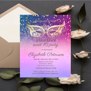 Masquerade Diamanter Glitter Färgrik Sweet 16 Inbjudan Vykort