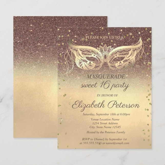 Masquerade  Diamanter Glitter Guld Sweet 16   Inbjudningar (Fram/baksida)