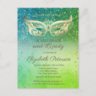 Masquerade Diamanter Grön Glitter Sweet 16 Inbjudan Vykort