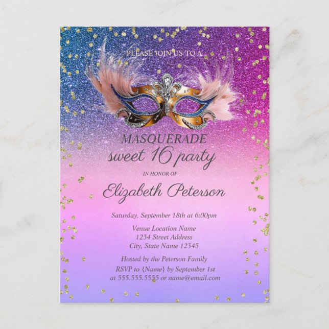 Masquerade  Diamonds Purple Glitter Sweet 16  Inbjudan Vykort (Framsida)