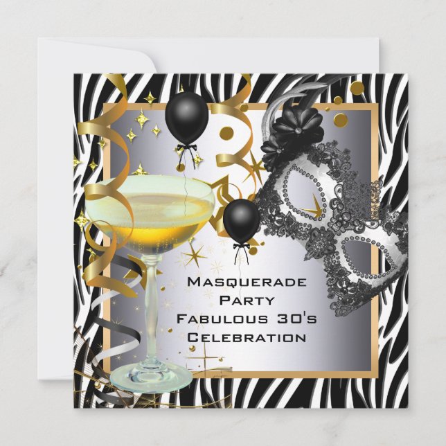 Masquerade Fabulous 30:e Sebra Silver Guld Svart Inbjudningar (Framsida)