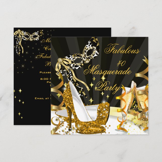 Masquerade Fabulous 40 Dam Högt Klacksko Guld Inbjudningar (Fram/baksida)