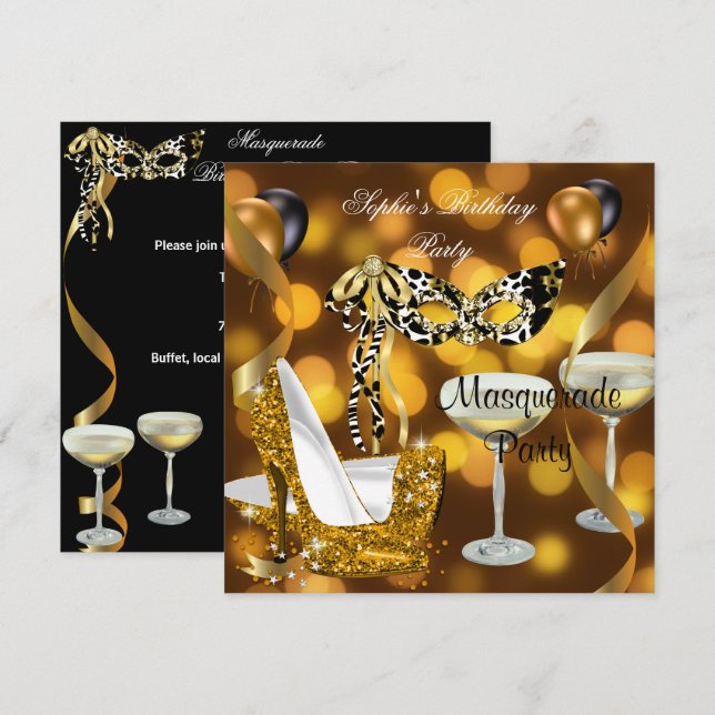 Masquerade Födelsedag Guld Stiletto Champagne 2 Inbjudningar (Fram/baksida)