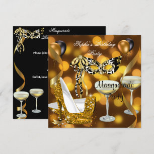 Masquerade Födelsedag Guld Stiletto Champagne 2 Inbjudningar
