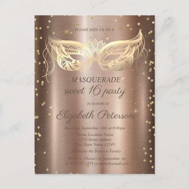 Masquerade Gold Diamanter Koppar Sweet 16  Inbjudan Vykort (Framsida)