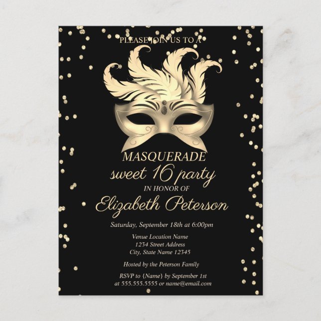 Masquerade Gold Diamonds, Masque Sweet 16 Inbjudan Vykort (Framsida)