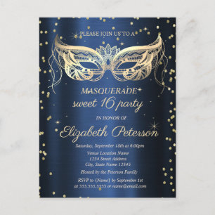 Masquerade Gold Diamonds Navy Blue Sweet 16 Inbjudan Vykort