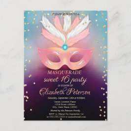 Masquerade Gold Diamonds,Pink Masque Sweet 16 Inbjudan Vykort