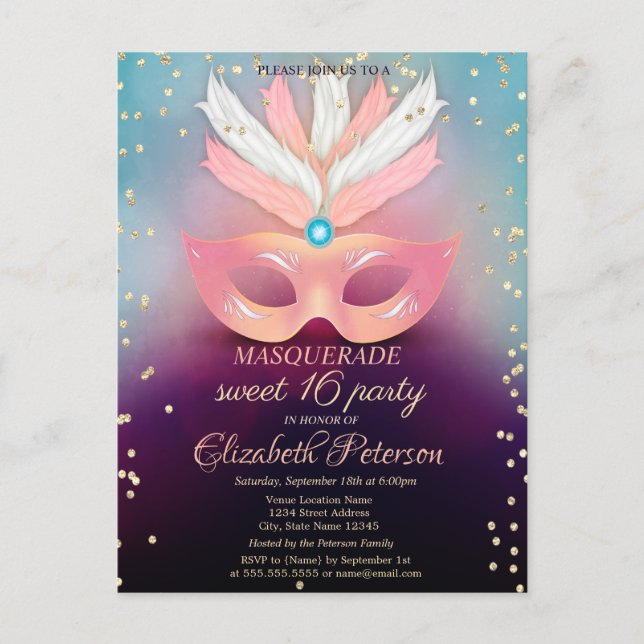 Masquerade Gold Diamonds,Pink Masque Sweet 16 Inbjudan Vykort (Framsida)